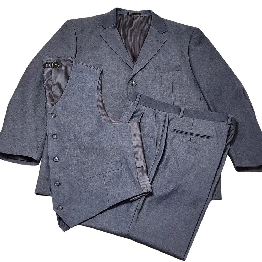 Vinci Suit Mens 44 38x29 Gray Poly Rayon Solid 3 Piece Classic Fit Notch Lapel